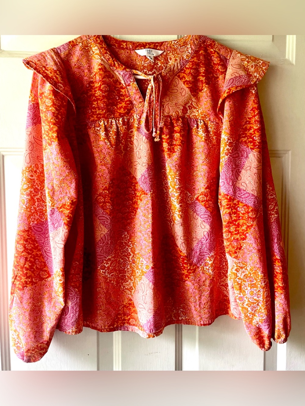 Time and Tru Pink Orange Boho Patchwork Long Sleeve Peasant Blouse Small Sz 4 6